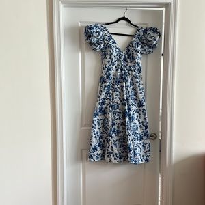 Blue floral Puff Sleeve Plunge Midi